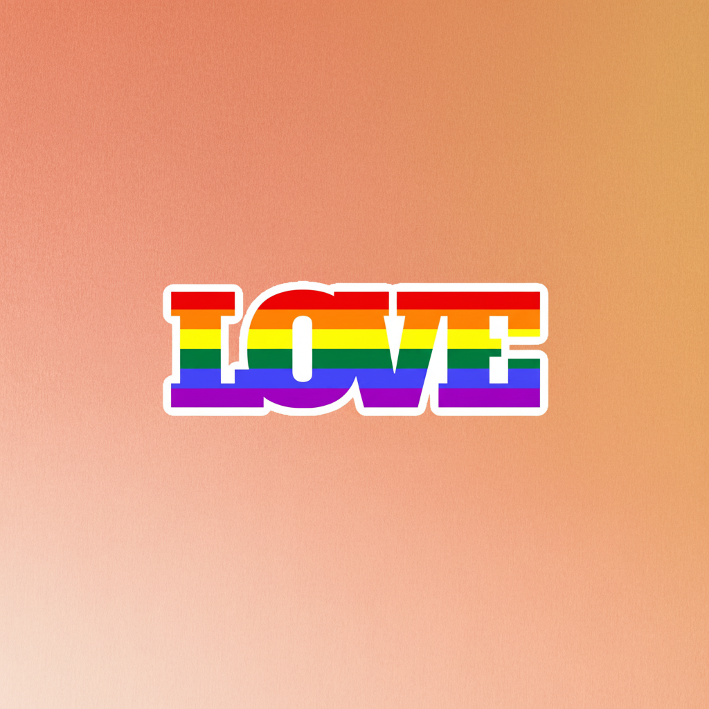 Magnetic vinyl “LOVE” magnet in bold uppercase, with horizontal rainbow stripes from the LGBTQ+ pride flag and a white