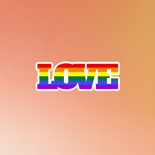Magnetic vinyl “LOVE” magnet in bold uppercase, with horizontal rainbow stripes from the LGBTQ+ pride flag and a white