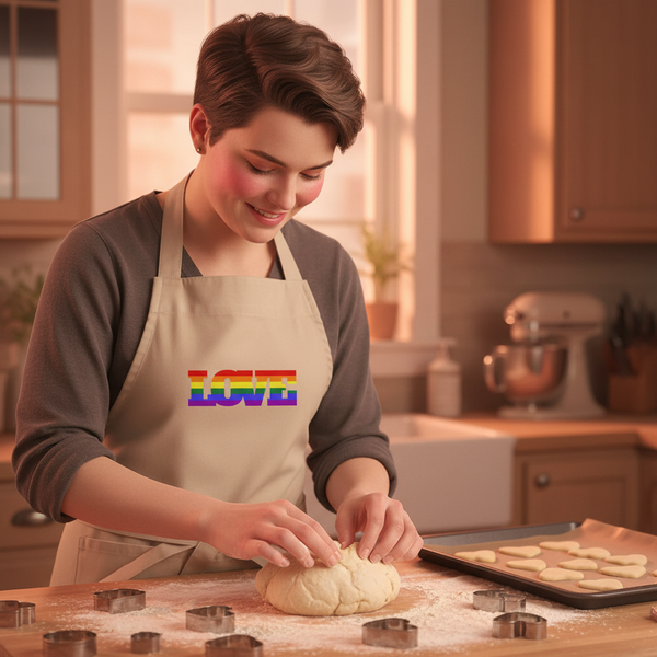 Person kneads dough in a beige apron with rainbow-striped “LOVE” lettering
