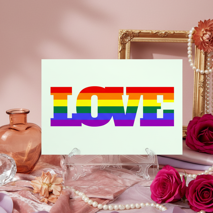 Gay Love Postcard with bold rainbow "LOVE" text, set among pink roses, pearls, gold frame, glass bottle, and pink fabric.