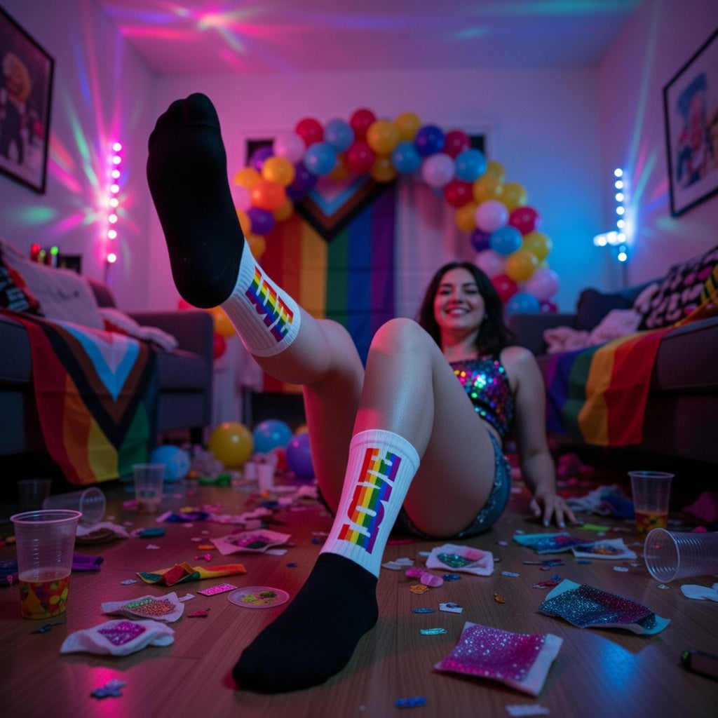 Gay Love Socks on a smiling person in shimmery clothes, surrounded by rainbow flags, confetti