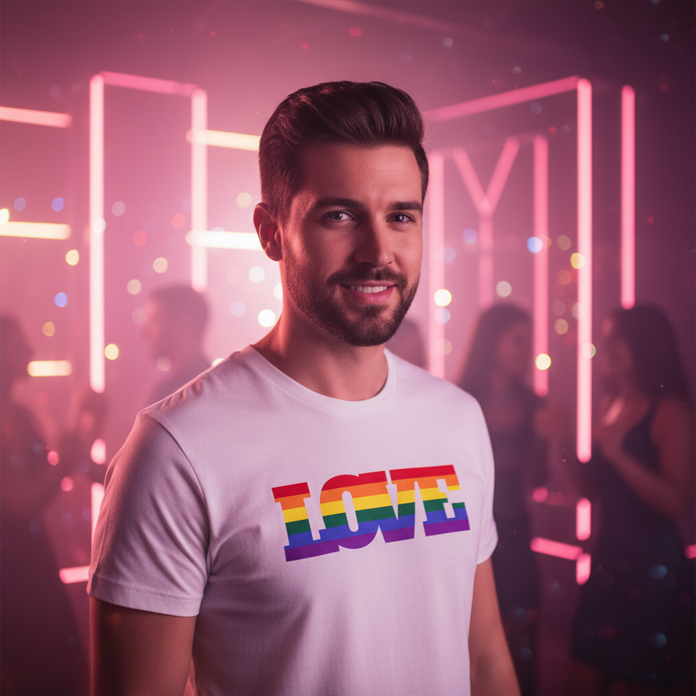 Gay Love T-Shirt, white cotton with "LOVE" in rainbow pride colors