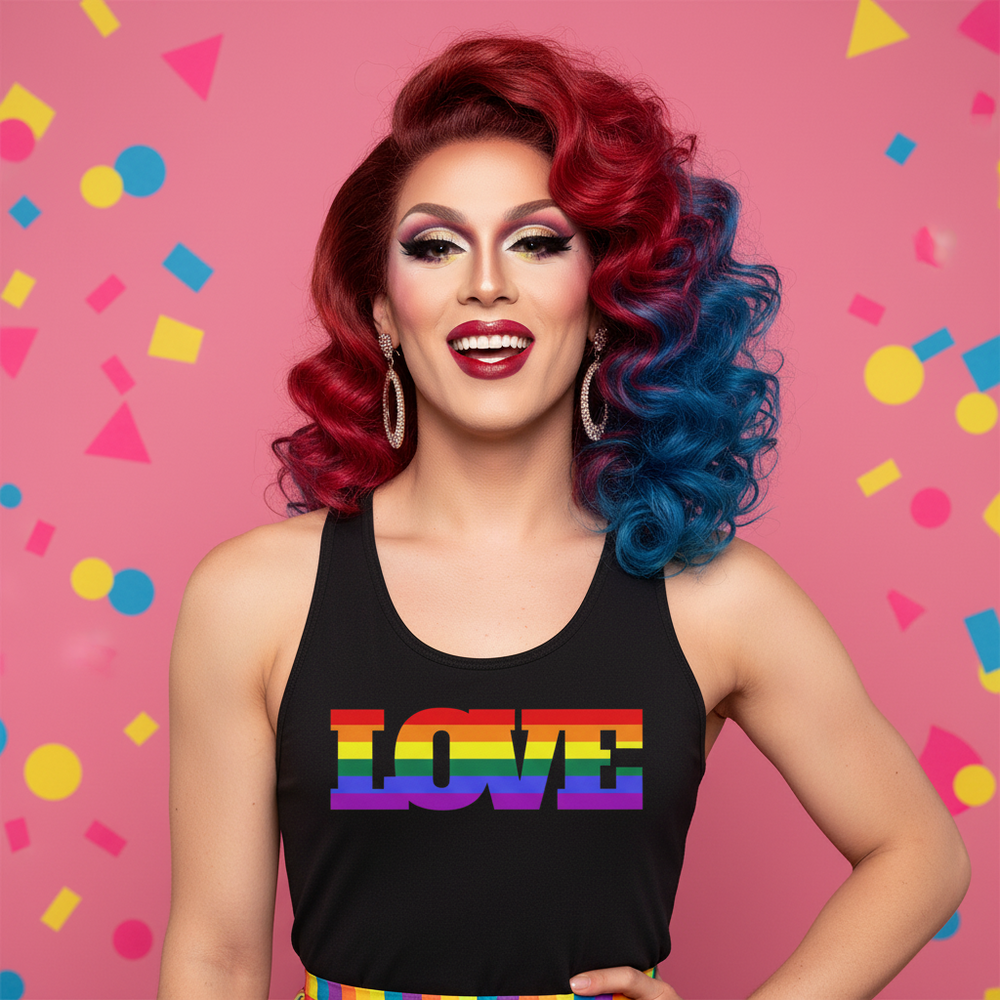 Gay Love Unisex Tank Top with "LOVE" in rainbow letters, worn by a smiling person with red and blue hair, pink backdrop