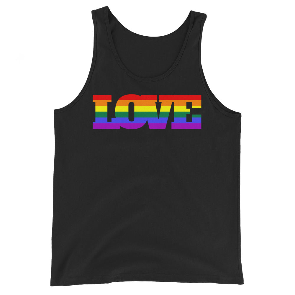 Front view of a black tank top with rainbow-striped lettering reading “LOVE”