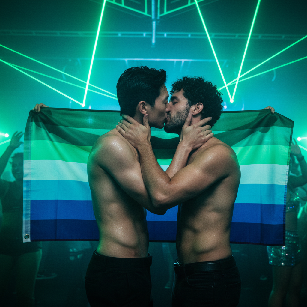Two shirtless people kiss while holding a green, white, and blue striped pride flag in a nightclub
