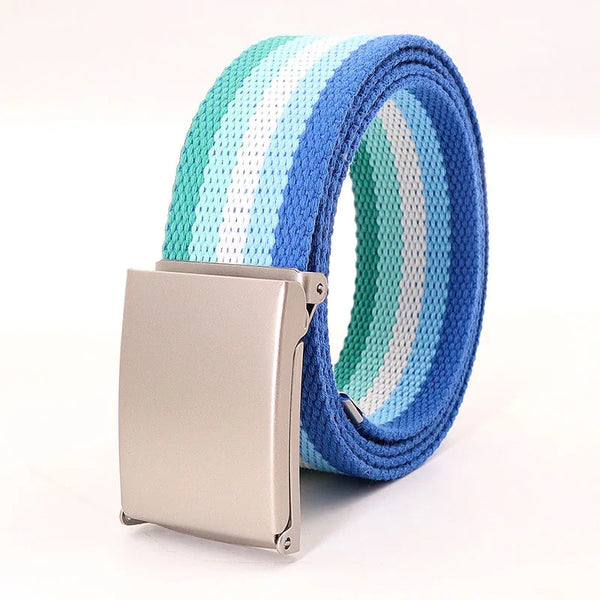Rolled blue, teal, white, and light-blue striped canvas belt with a silver buckle