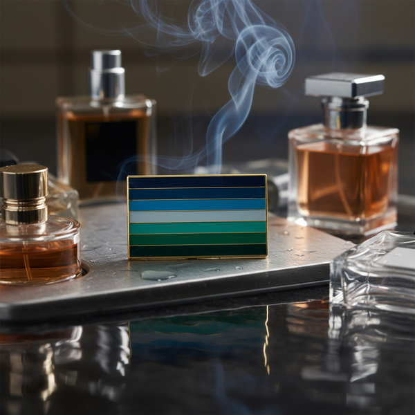 Rectangular blue, gray, and green striped enamel pin on a tray among perfume bottles and smoke