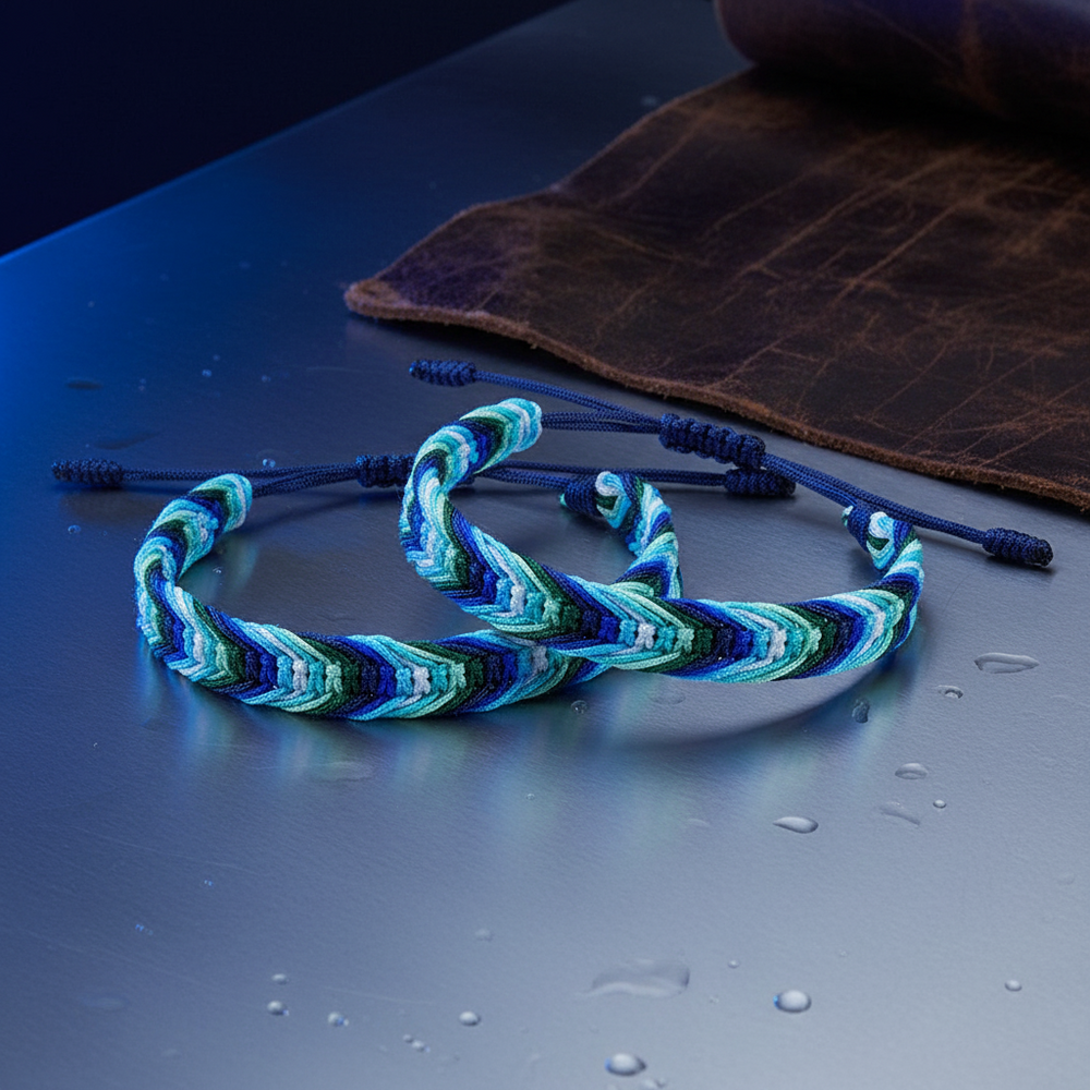 Two blue, teal, and white chevron friendship bracelets on a blue surface