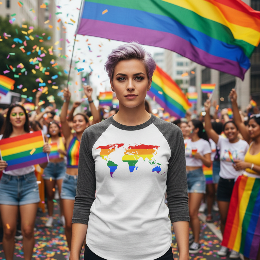 Gay Map 3/4 Sleeve Raglan Shirt with a rainbow-striped world map worn by a person with short purple hair