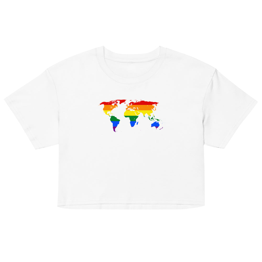 Front view of a white cropped T-shirt with a rainbow-colored world map graphic