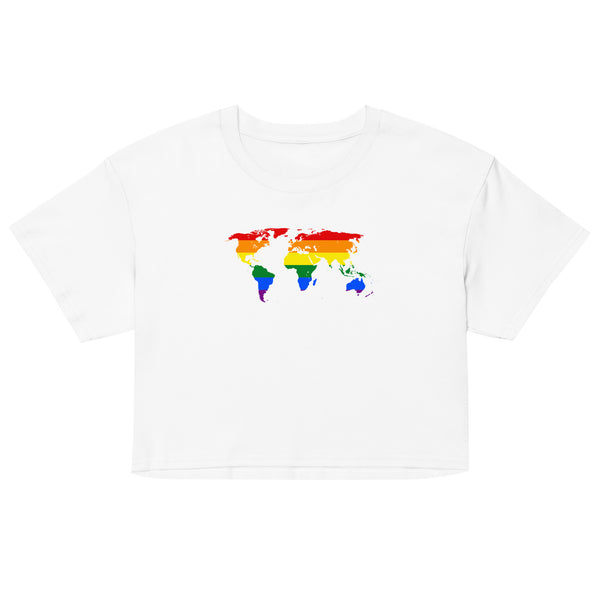 Front view of a white cropped T-shirt with a rainbow-colored world map graphic
