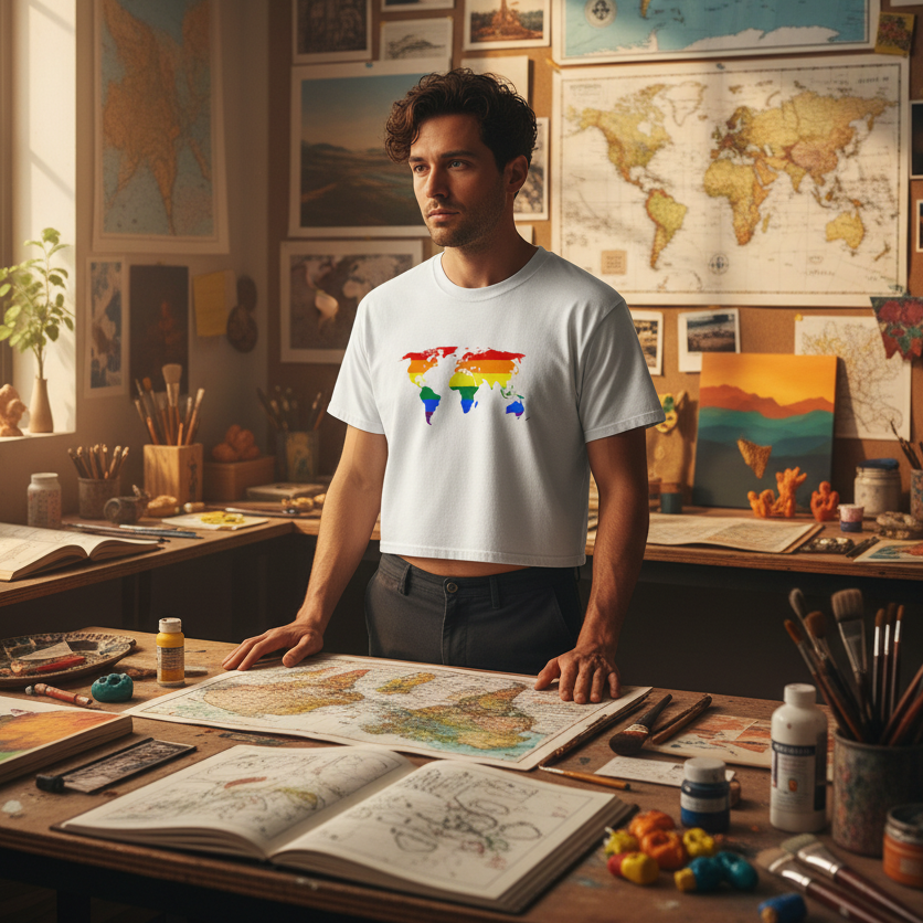 Gay Map Crop Top shows a rainbow world map; man leans on desk in queer art studio with maps, supplies, and photos behind him.