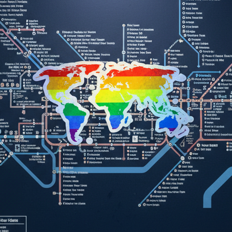 Gay Map Holographic Stickers show a dark subway map with white station names, rainbow world overlay