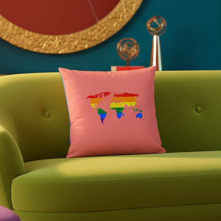 Rainbow pride world map pillow on green couch; gold decor, round mirror, teal wall—premium LGBT cushion in a vibrant setting.