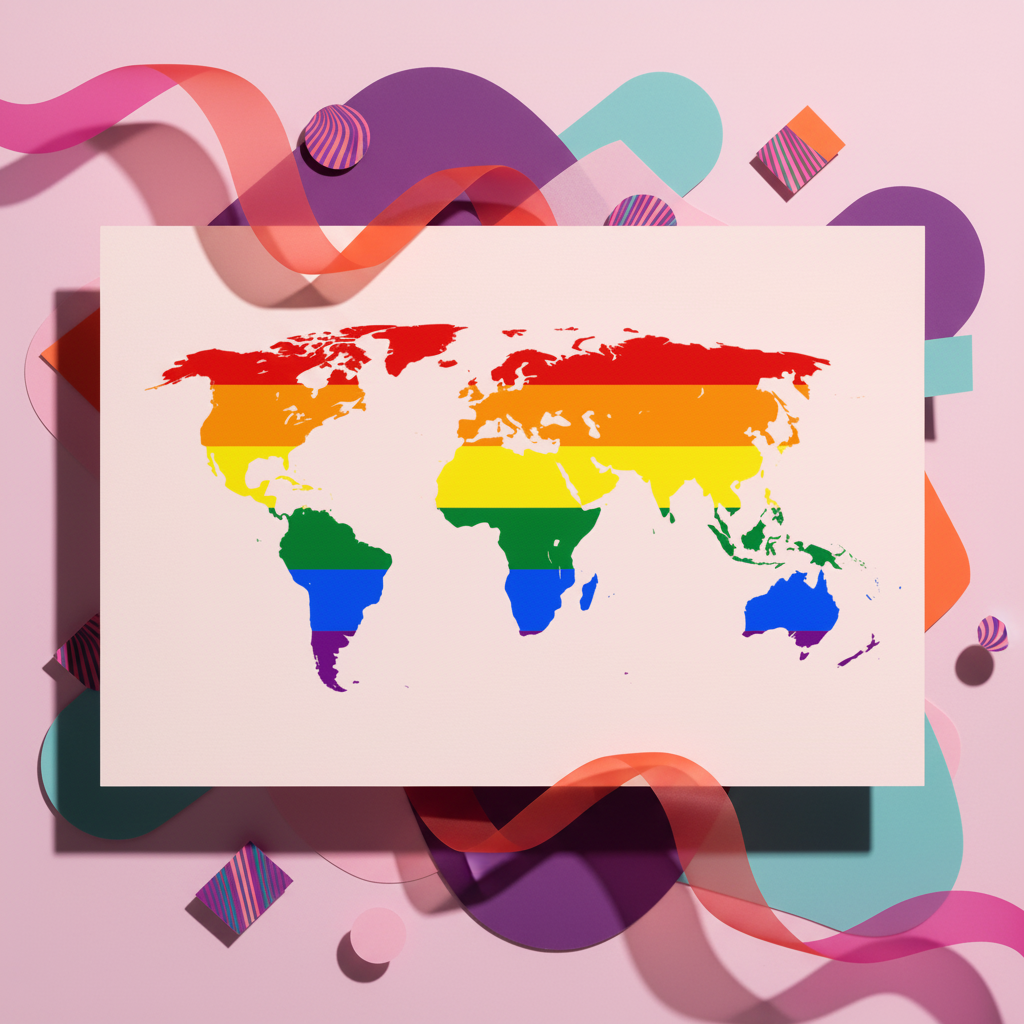 Gay Map Postcard with rainbow-striped continents for LGBTQ+ pride