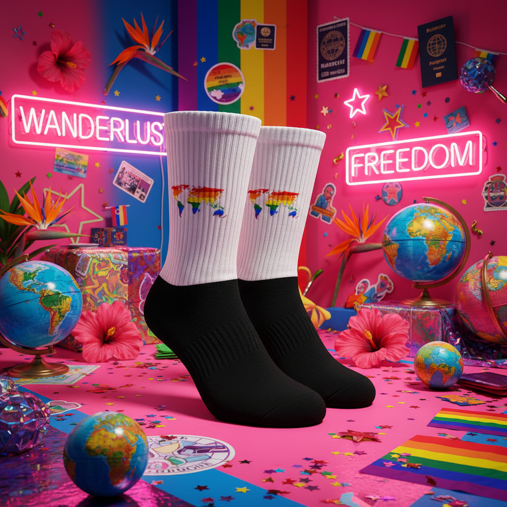 White crew socks with bright rainbow map prints, posed in a pink travel-themed room with globes, pride flags