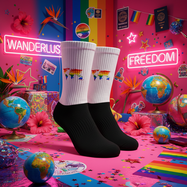 White crew socks with bright rainbow map prints, posed in a pink travel-themed room with globes, pride flags