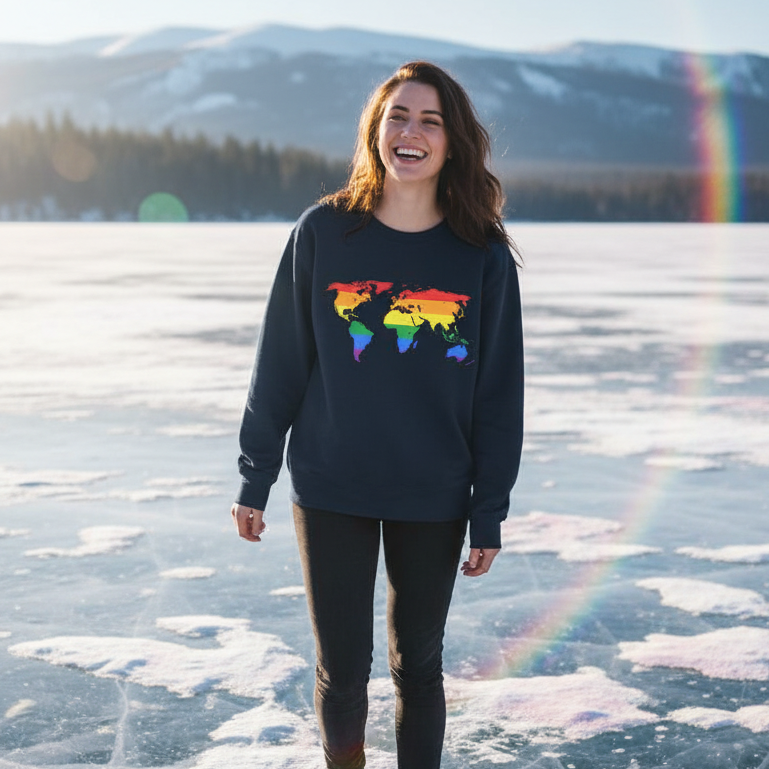 Smiling person in a dark sweatshirt with a rainbow world map, standing on a frozen lake