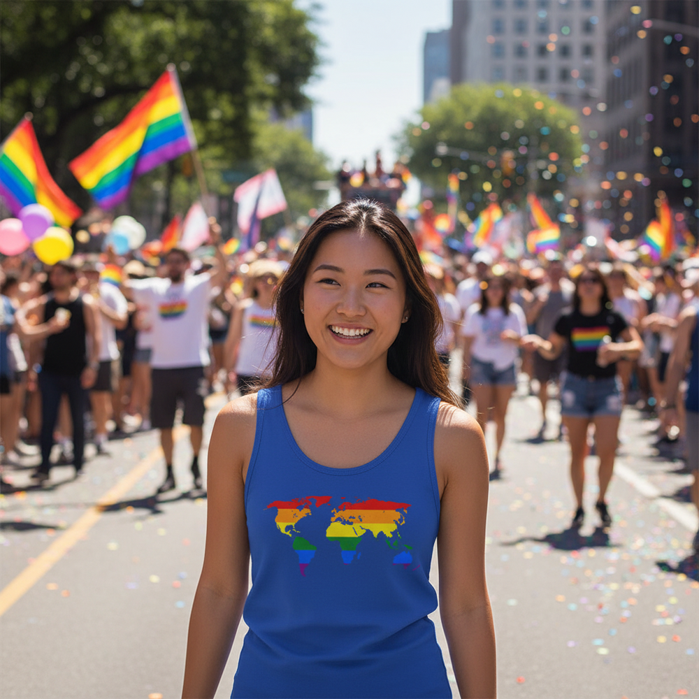 Gay Map Unisex Tank Top with rainbow world map, worn by a smiling woman at Pride; diverse crowd, flags, and confetti behind.