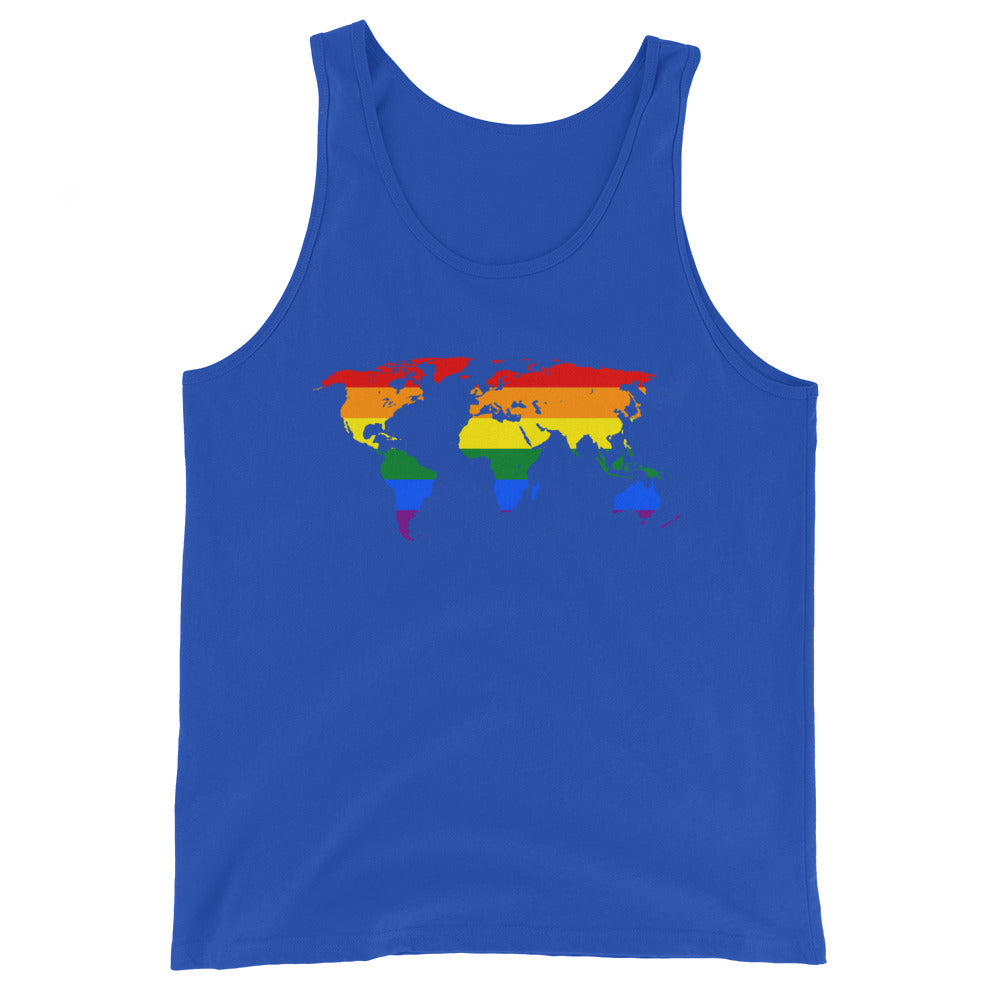 Unisex royal blue tank top with a world map on the chest in LGBTQ+ rainbow pride stripes, red to purple, loud and proud.