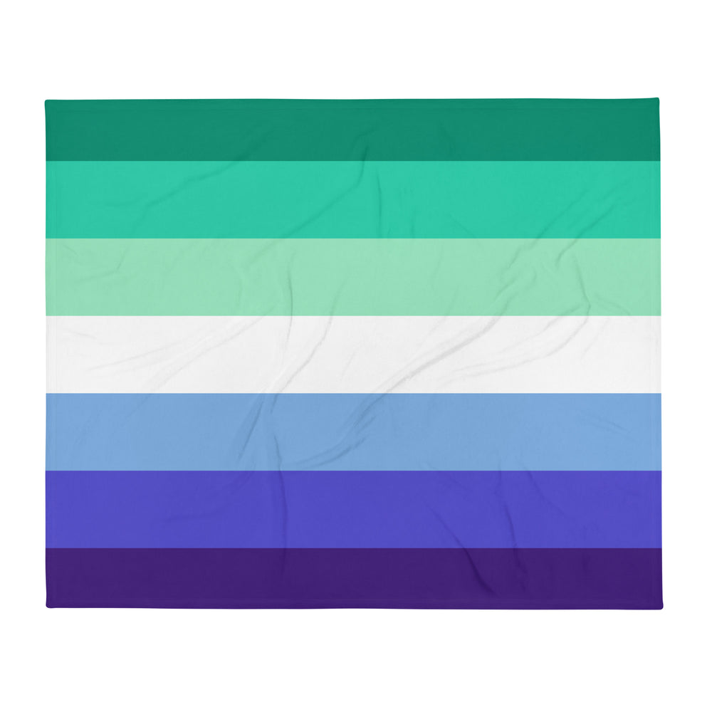 Rectangular throw blanket shown flat with horizontal teal, mint, white, blue, and purple stripes