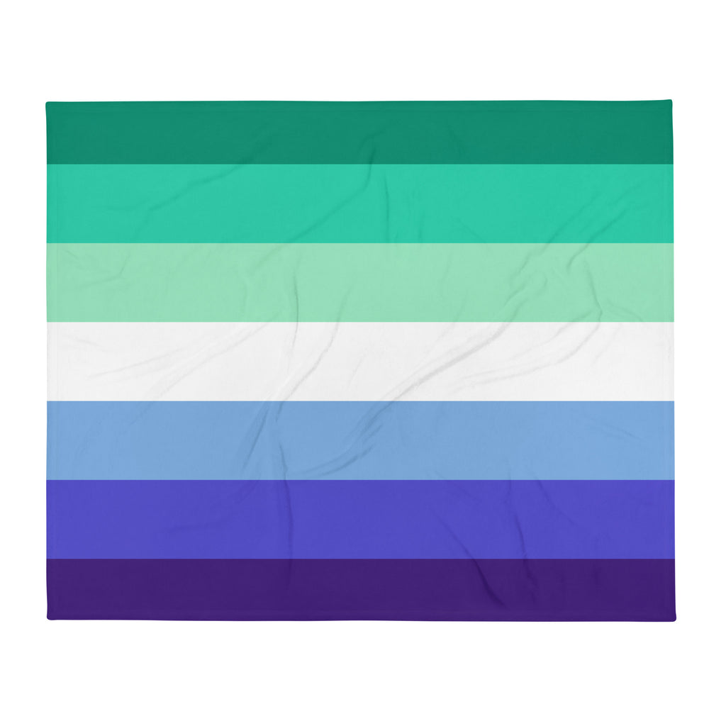Rectangular throw blanket shown flat with horizontal teal, mint, white, blue, and purple stripes