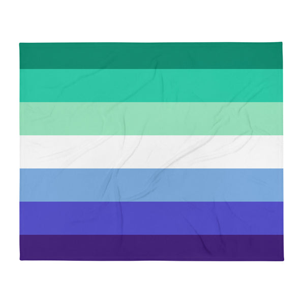 Rectangular throw blanket shown flat with horizontal teal, mint, white, blue, and purple stripes