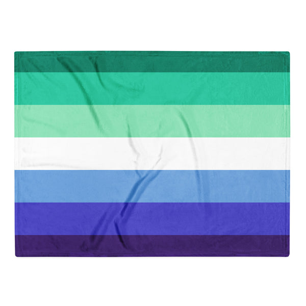 Gay men’s pride flag throw blanket shown flat with horizontal teal, white, blue, and purple stripes