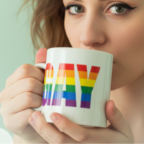 Close-up of a person holding a white mug with rainbow-striped letters spelling “GAY”