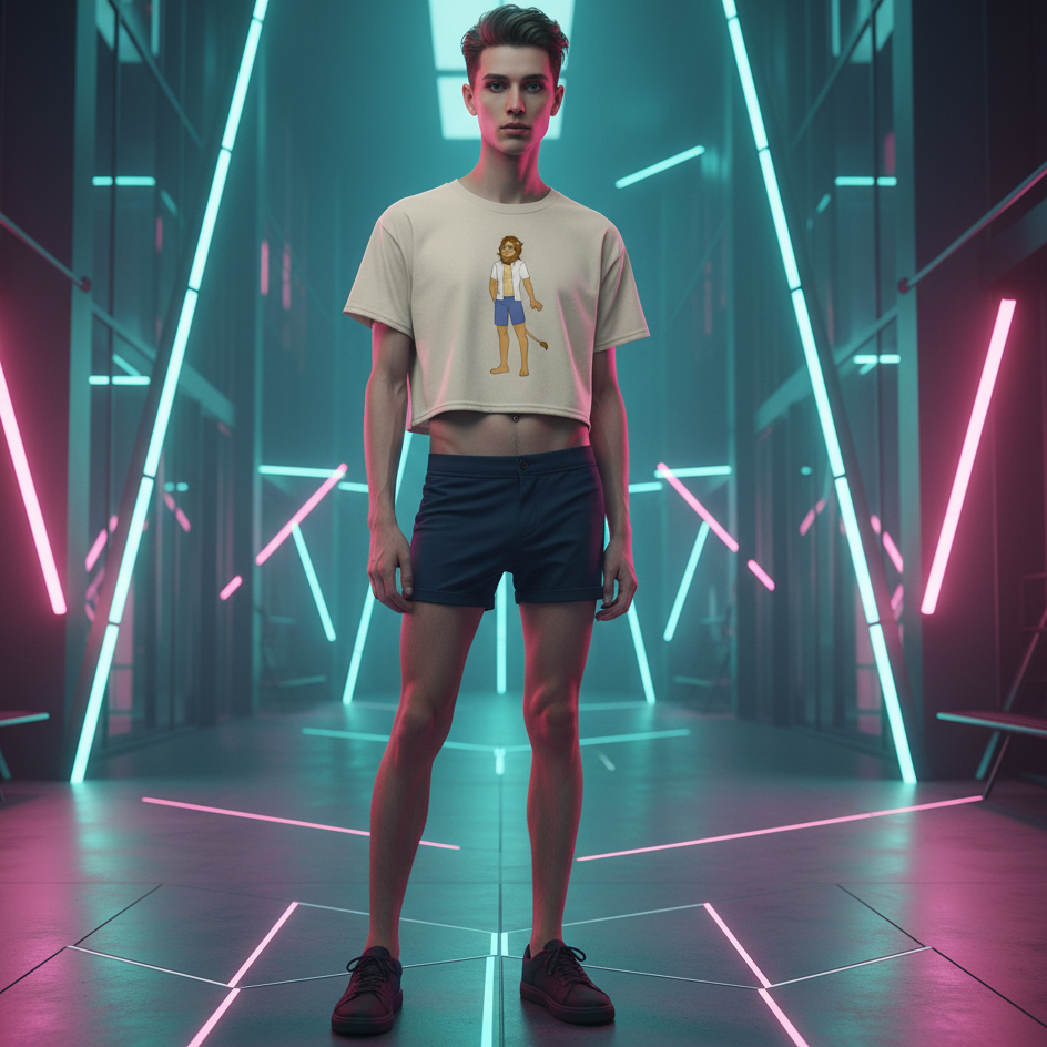 Gay Nerd Crop Top with a cartoon lion graphic, rocked by a young man in dark shorts under blue and pink neon LGBTQ+ vibes.