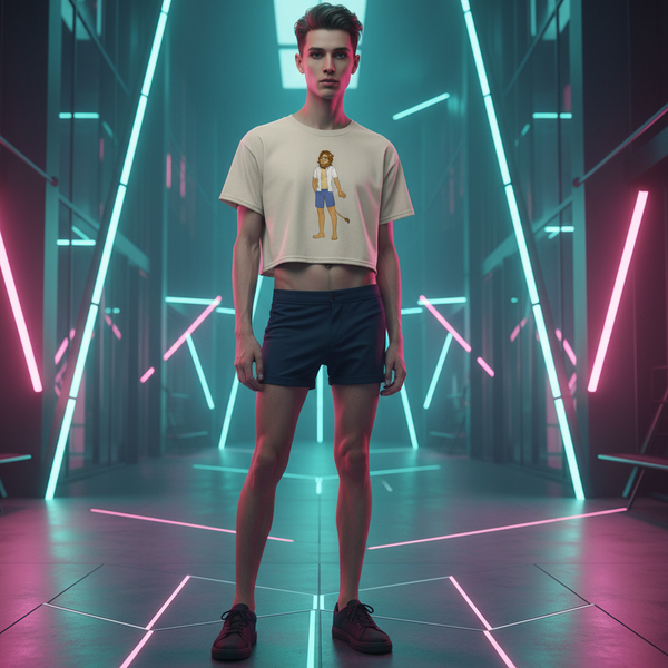 Gay Nerd Crop Top with a cartoon lion graphic, rocked by a young man in dark shorts under blue and pink neon LGBTQ+ vibes.