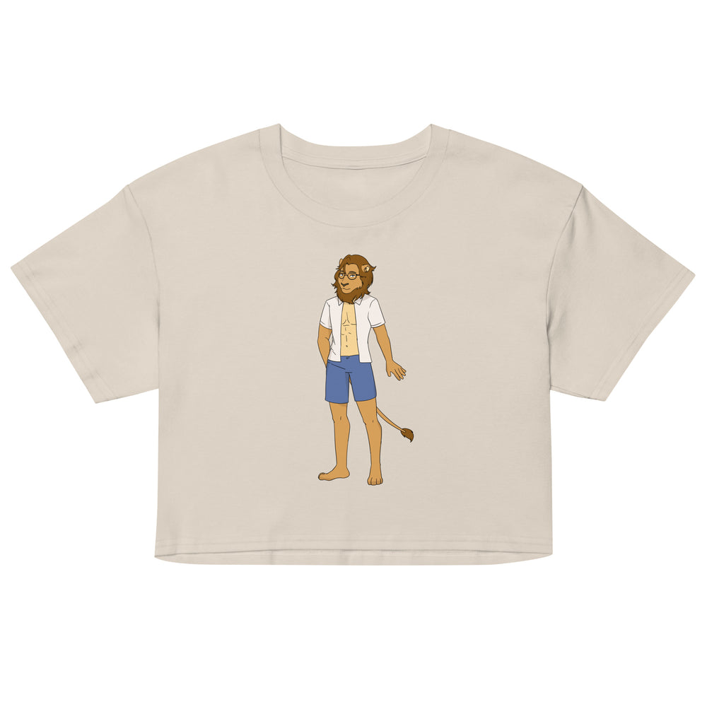 Front view of a cream crop top featuring a cartoon bearded, bespectacled character in shorts