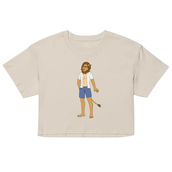 Front view of a cream crop top featuring a cartoon bearded, bespectacled character in shorts