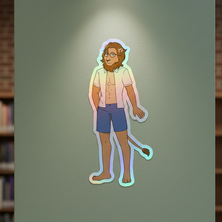 Cartoon lion in glasses, white shirt, pink and blue shorts, rocking "Gay Nerd Holographic Stickers"; soft green wall behind.