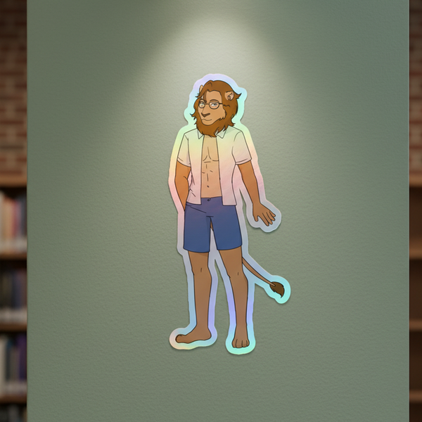 Cartoon lion in glasses, white shirt, pink and blue shorts, rocking 