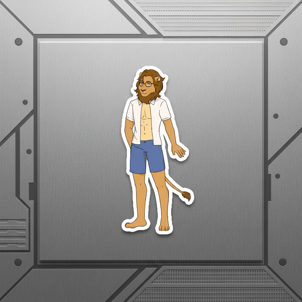 The Gay Nerd Magnet" shows a cartoon lion with glasses, beard, mane, white shirt, and blue shorts for queer home décor.