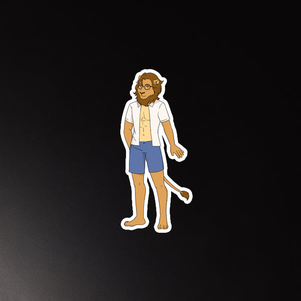 Lion-person magnet with glasses, an open white shirt, blue shorts, and a visible tail
