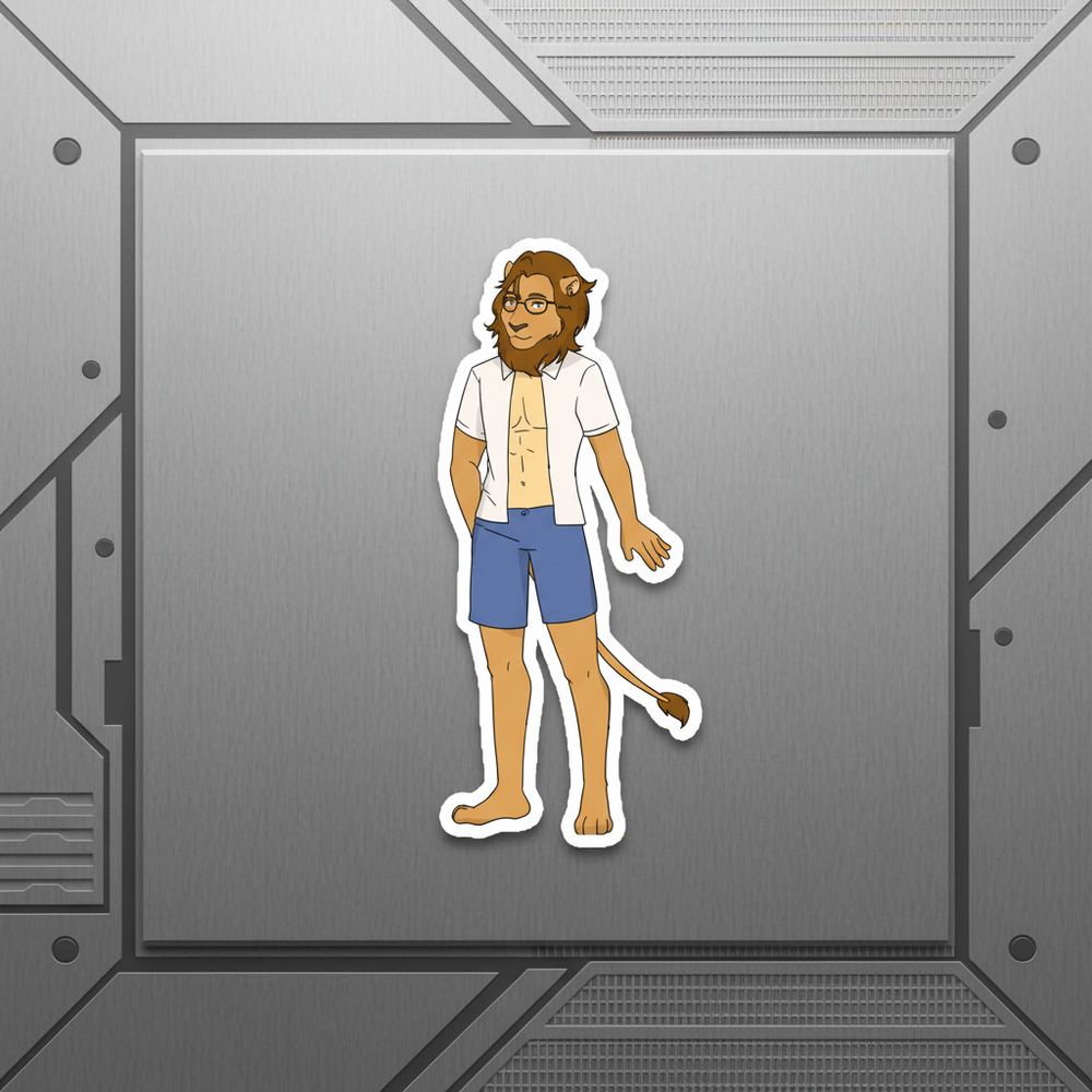 The Gay Nerd Magnet" shows a cartoon lion with glasses, beard, mane, white shirt, and blue shorts for queer home décor.