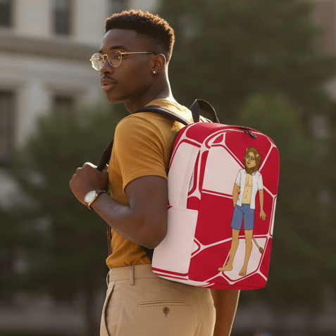 Gay Nerd Minimalist Backpack with a cartoon boy in summer gear, worn by a person in glasses, mustard tee