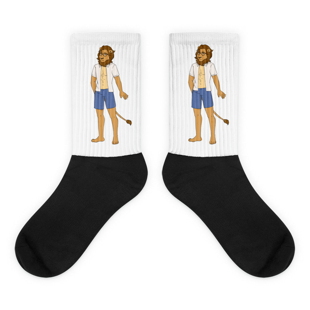 Pair of black-and-white crew socks featuring a cartoon bearded man with glasses and a tail