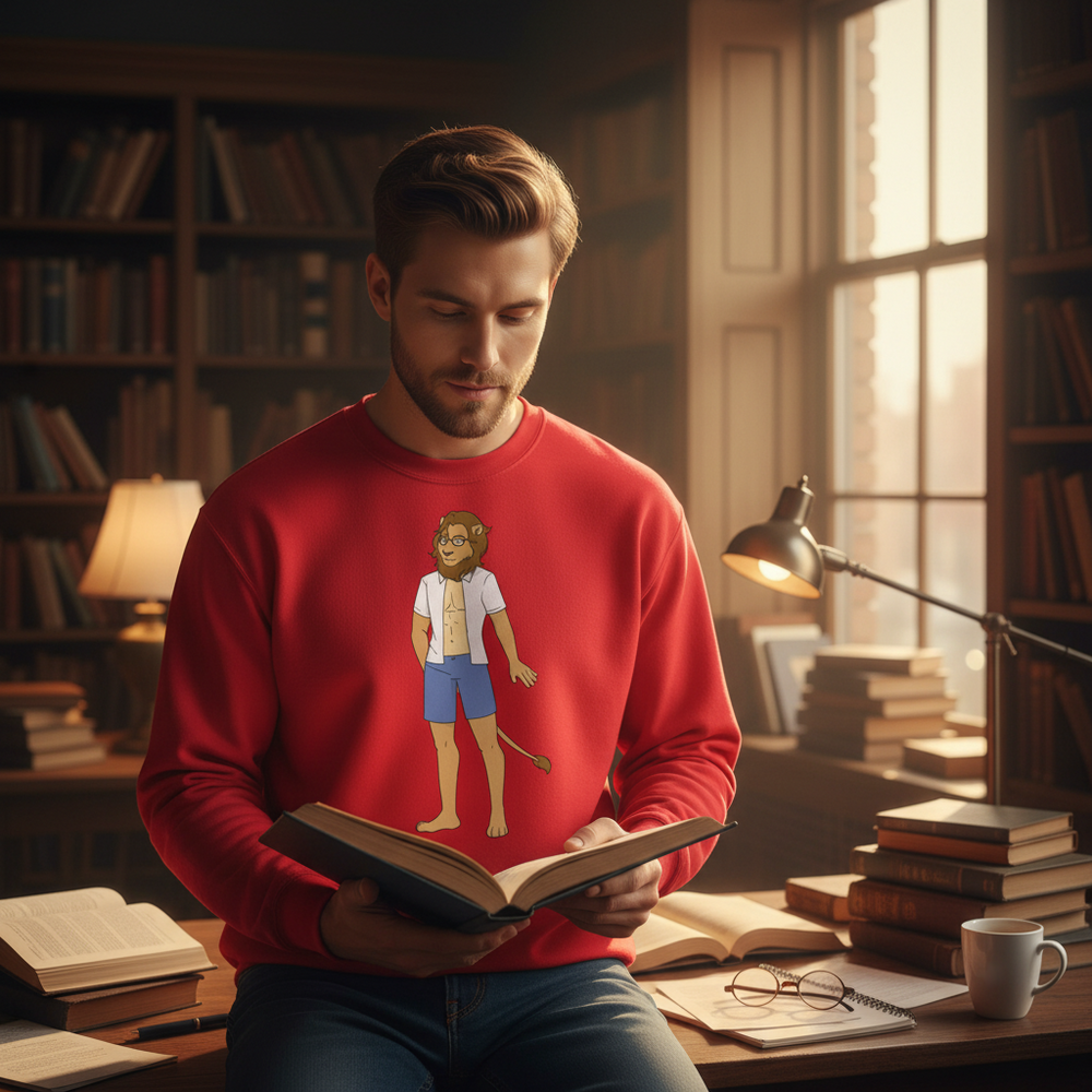 Gay Nerd Unisex Sweatshirt with playful cartoon lion in glasses; light brown-haired bearded person reads in cozy