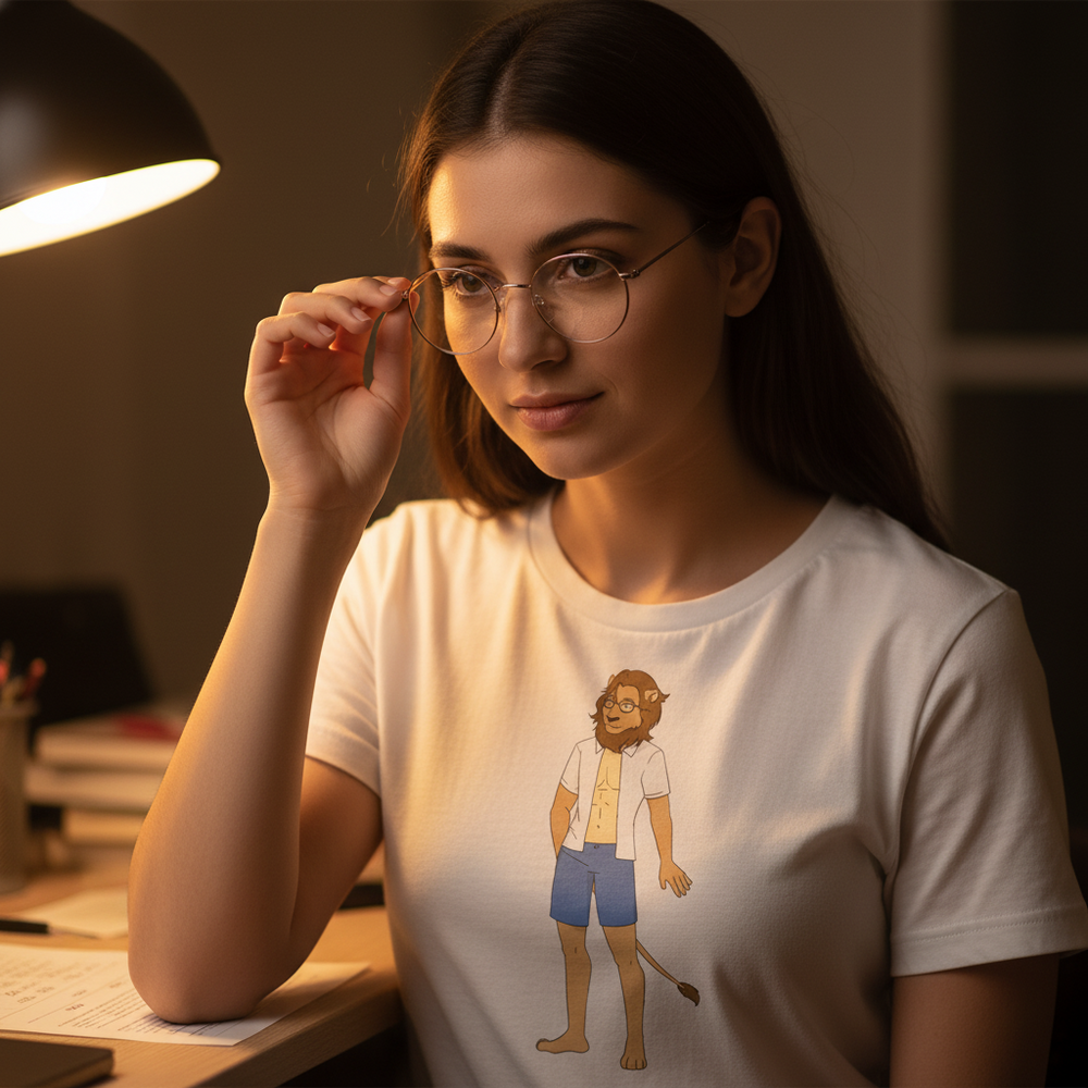 Gay Nerd Unisex T-Shirt with a cartoon animal-eared, bespectacled character; young woman in glasses adjusts hers at her desk.