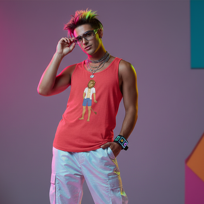 Gay Nerd Unisex Tank Top on a spiky-haired guy, layered chains, white baggy pants, oversized glasses, digi-watch