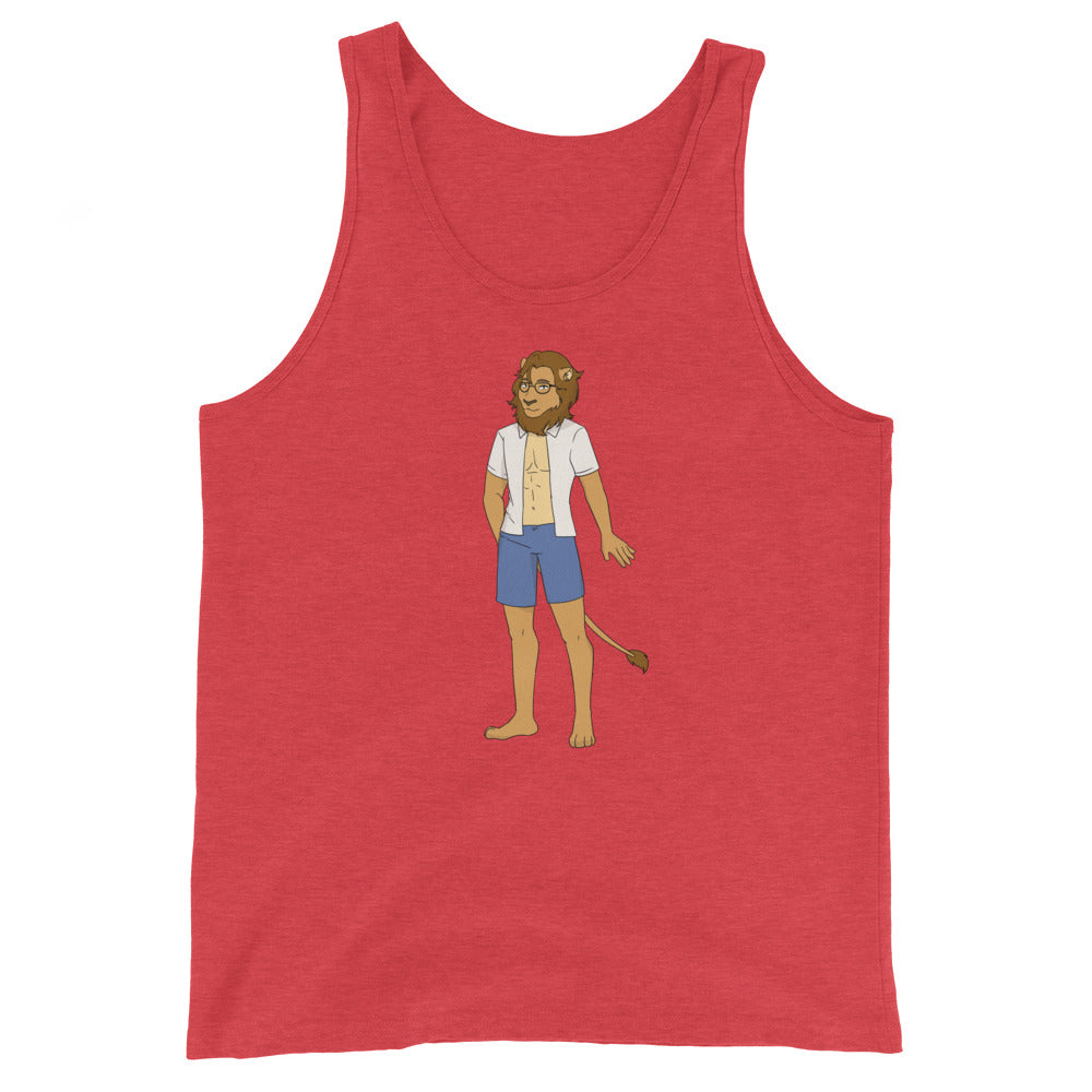 Red unisex tank top with a centered cartoon bearded, horned character in an open shirt and blue shorts