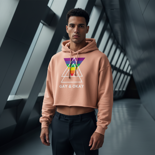 Gay & OK Crop Hoodie in peach with a rainbow heart and geometric print