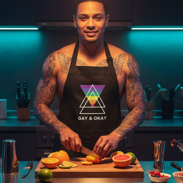 Person slicing citrus fruits in a kitchen, wearing a Gay & OK Organic Cotton Apron with rainbow triangles