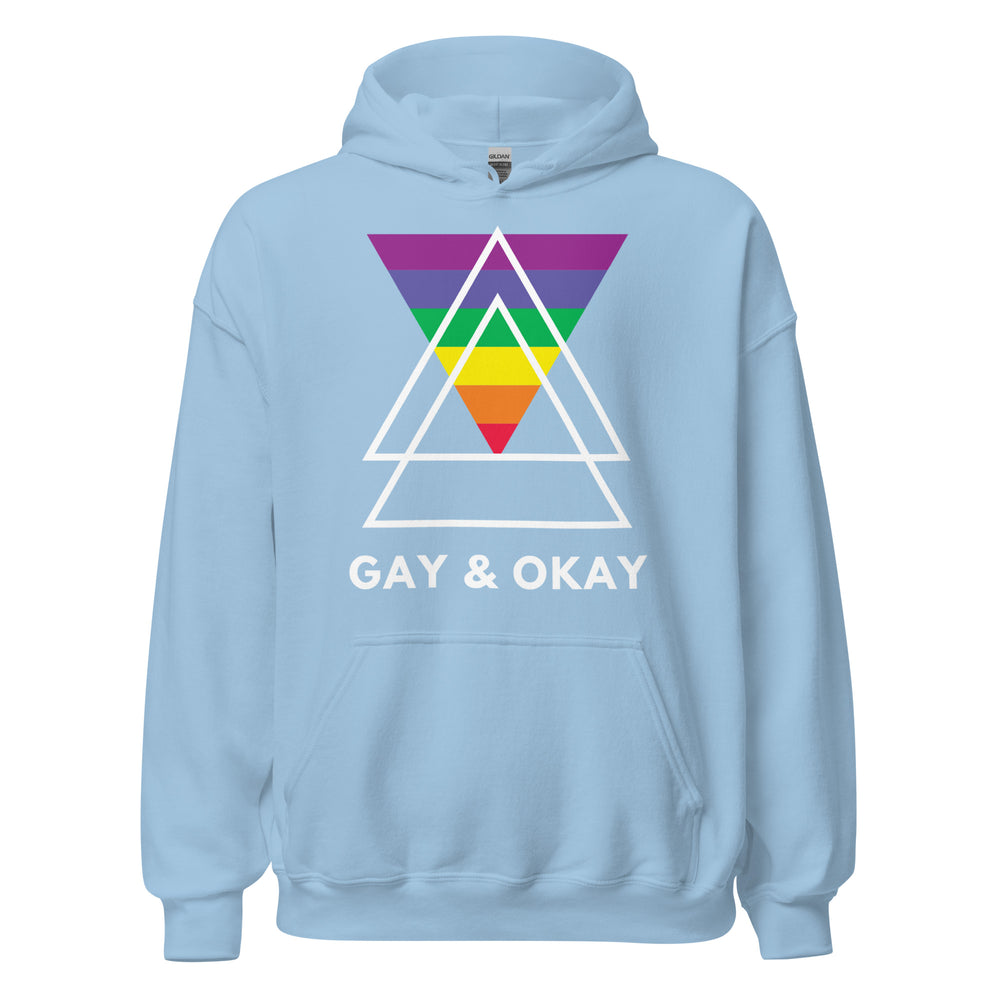 Unisex light blue hoodie with a front pocket, white hood, three rainbow-gradient triangles, and “GAY & OKAY” in bold white.