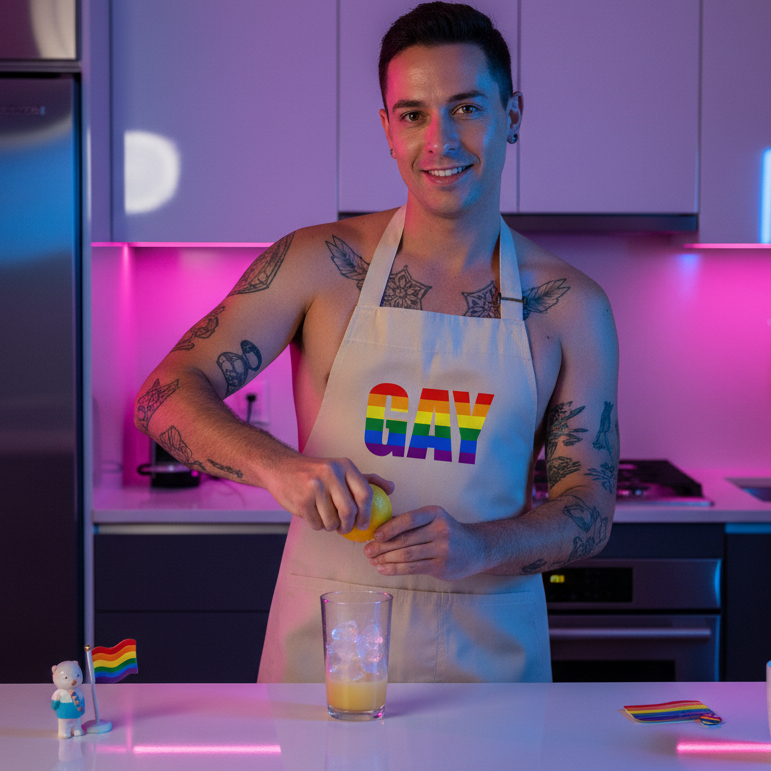 Tattooed person wearing a white apron with rainbow-striped “GAY” lettering, squeezing a lemon in a lit kitchen