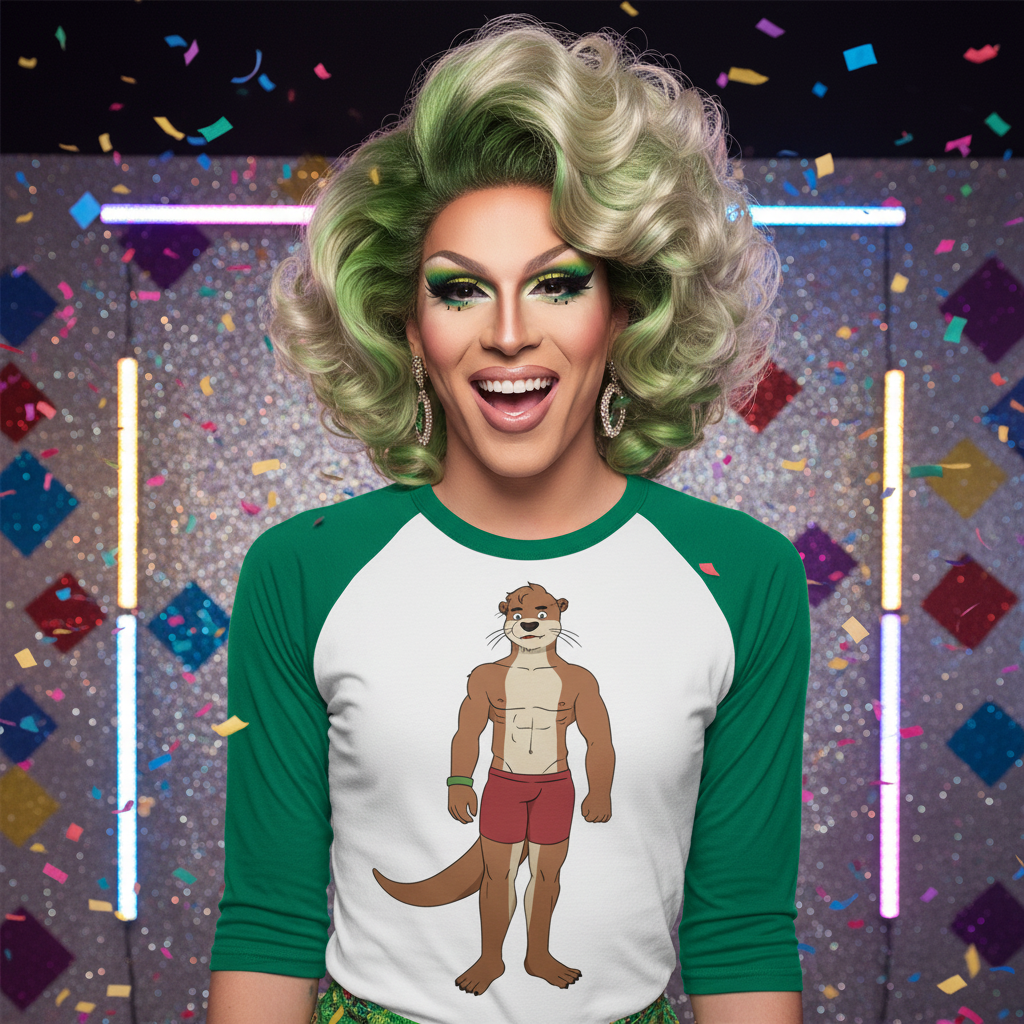 Front-facing person models a white raglan shirt with green sleeves and a cartoon otter in red shorts