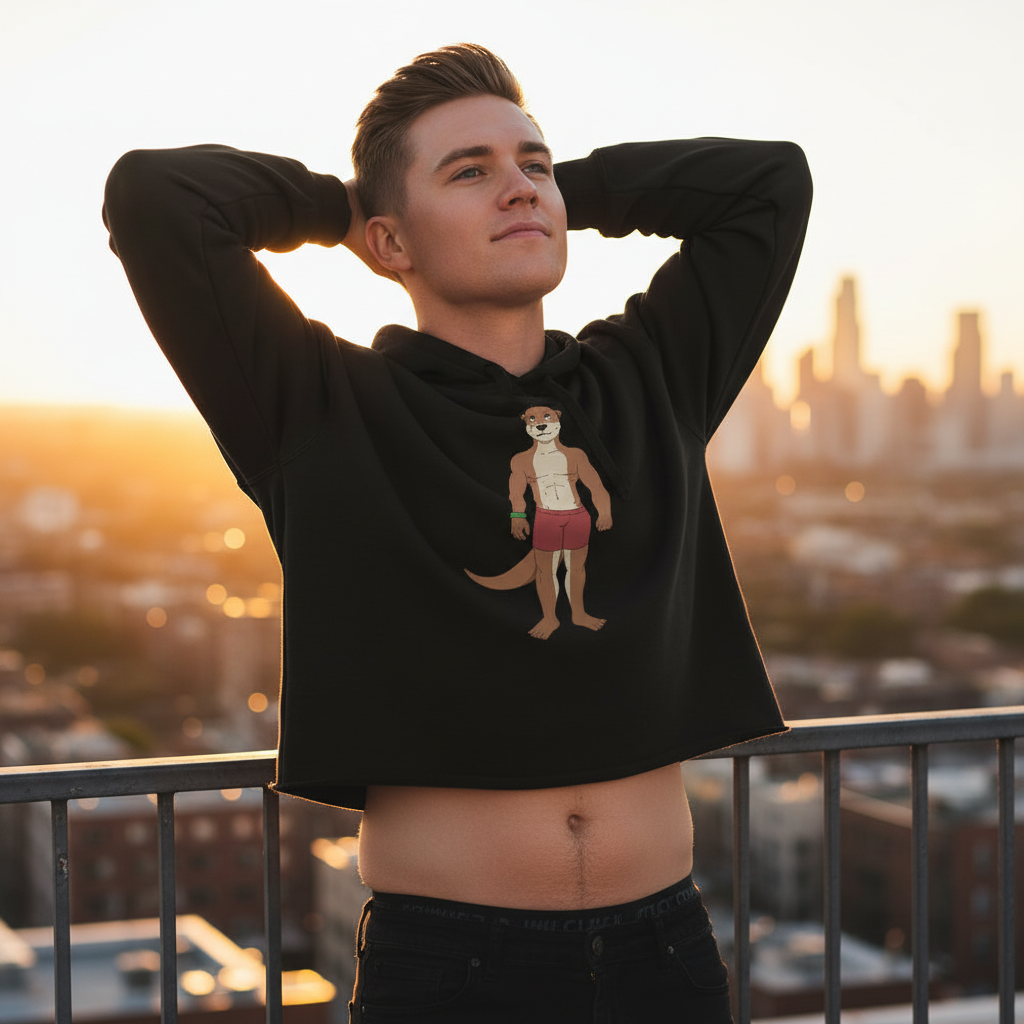 Gay Otter Crop Hoodie with cartoon otter in red shorts, worn by a person at sunset on a city rooftop, urban skyline behind